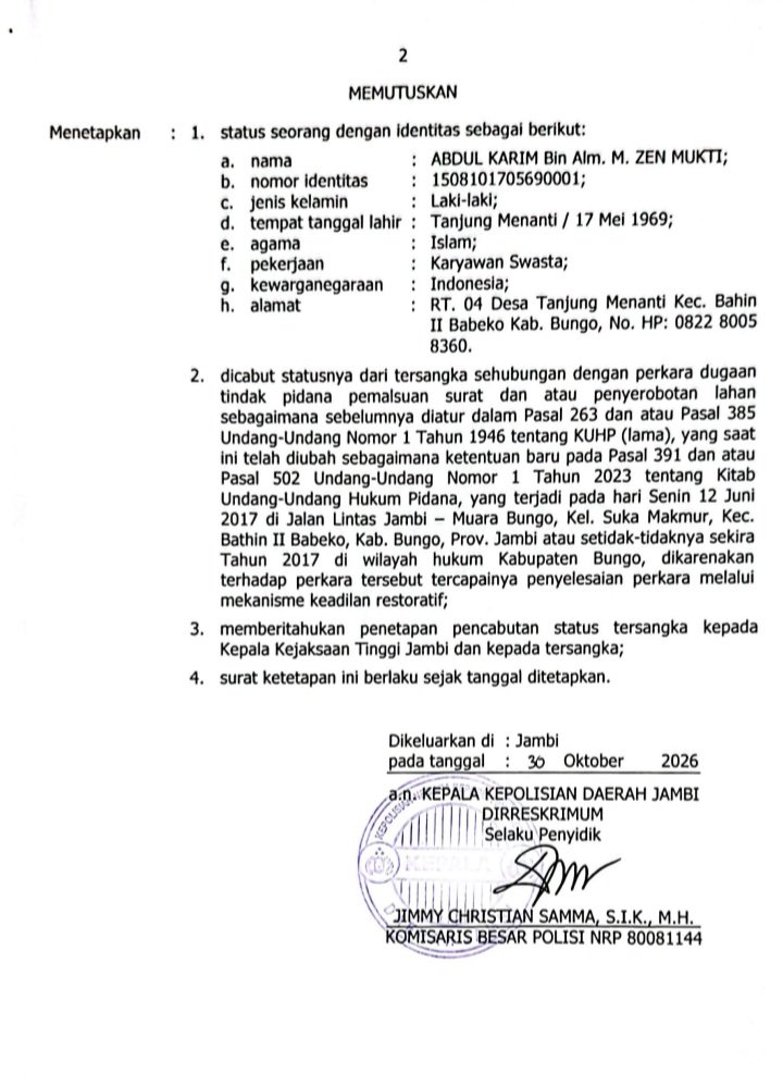 Tangkapan layar surat pencabutan status tersangka Abdul Karim yang dikeluarkan oleh Ditreskrimum Polda Jambi